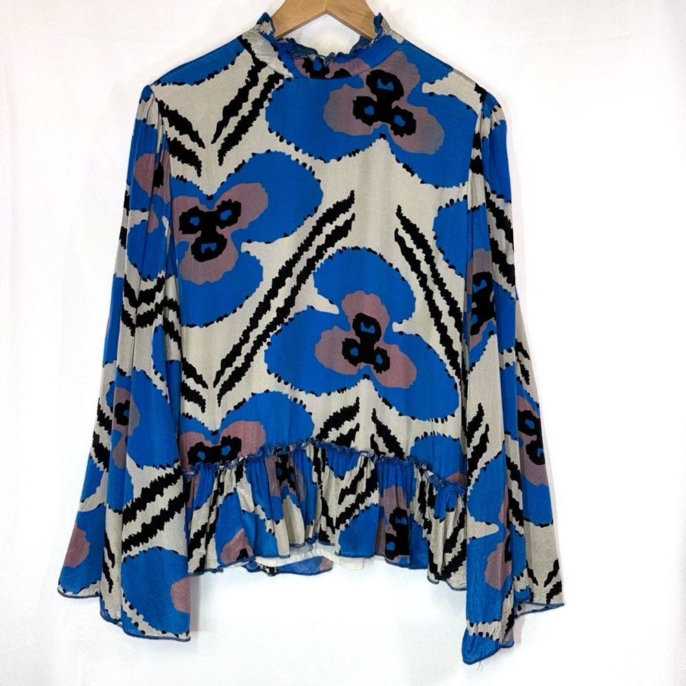 Oliphant Blue Floral Ruffle Hem Long Sleeve Blouse